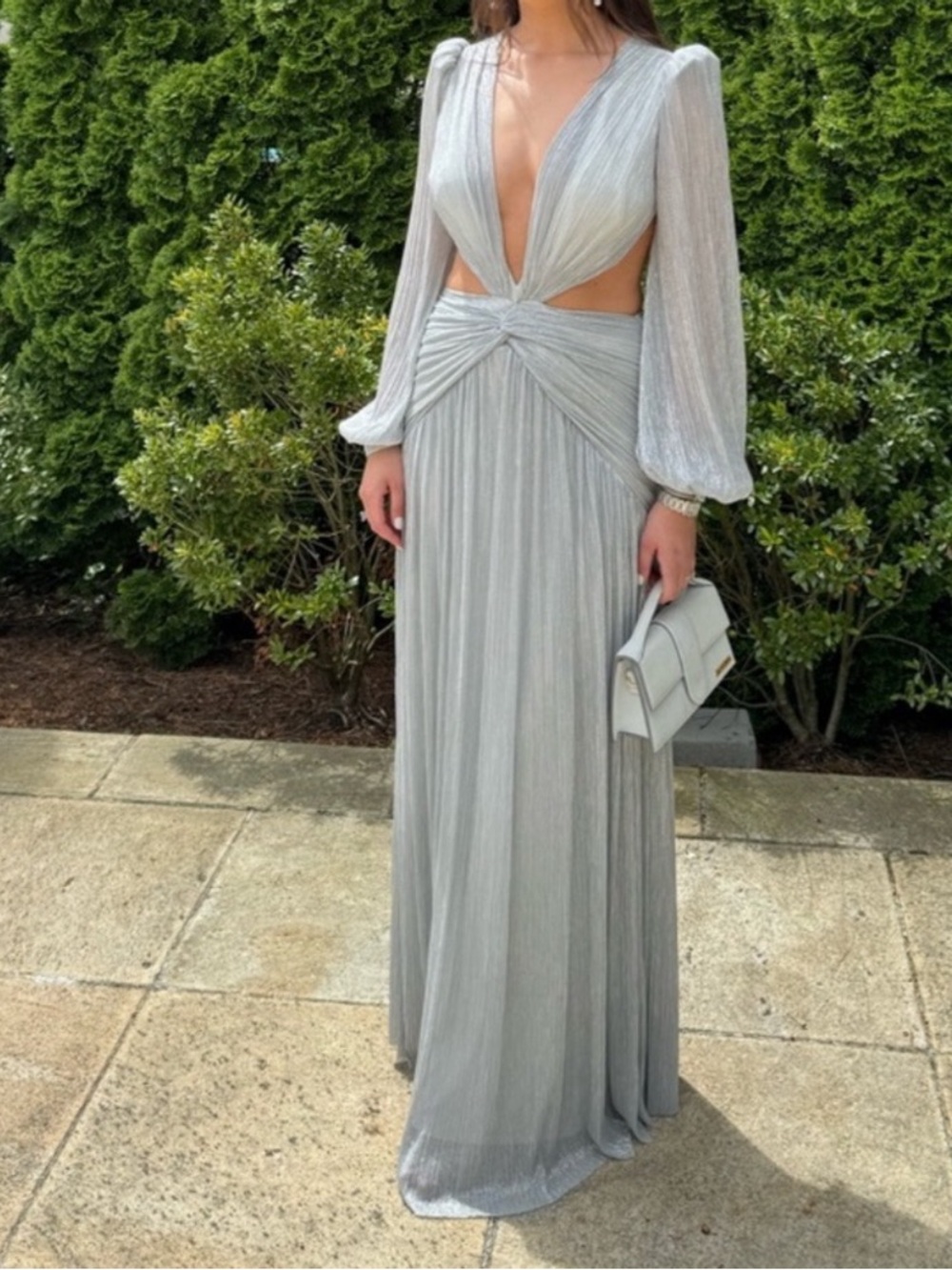 PatBo Silver Metallic Long Sleeve cutout plunge gown